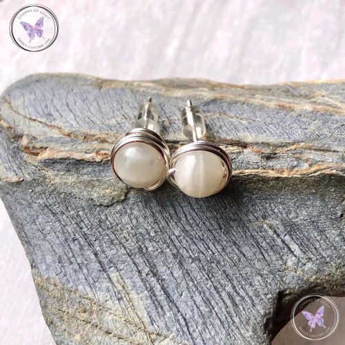 Moonstone Silver Wire Wrap Stud Earrings